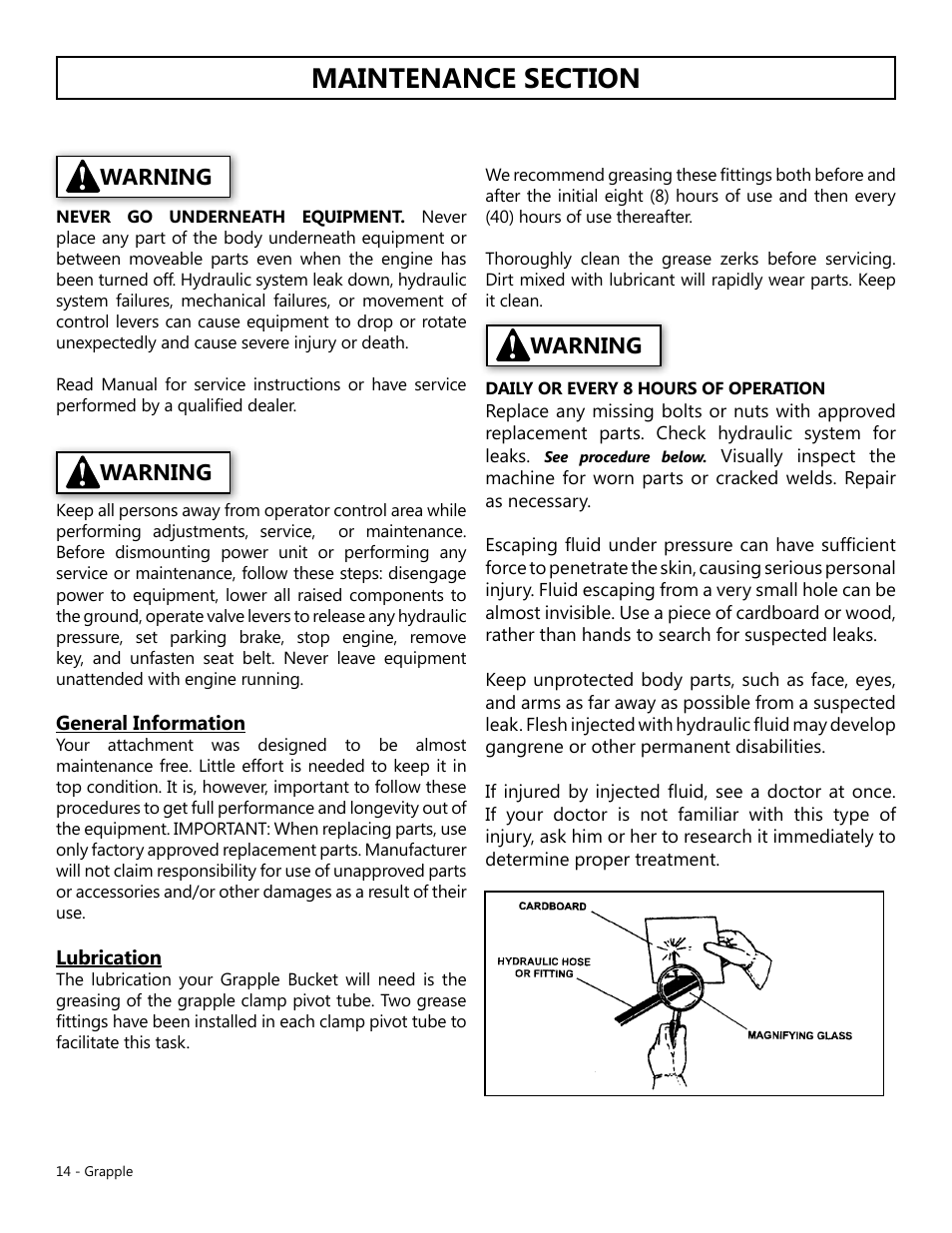 Safety instructions, Service instructions, Warning | Continued), Daily or every 8 hours of operation, Safety sign identification and replacement | Modern AG Grapple User Manual | Page 14 / 20