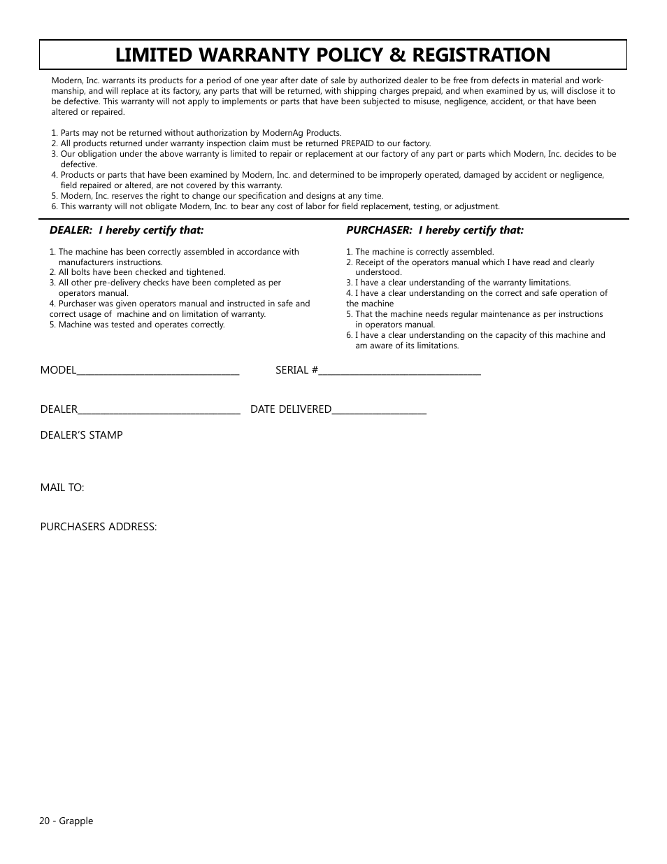 Limited warranty policy & registration | Modern AG Grapple User Manual | Page 20 / 20