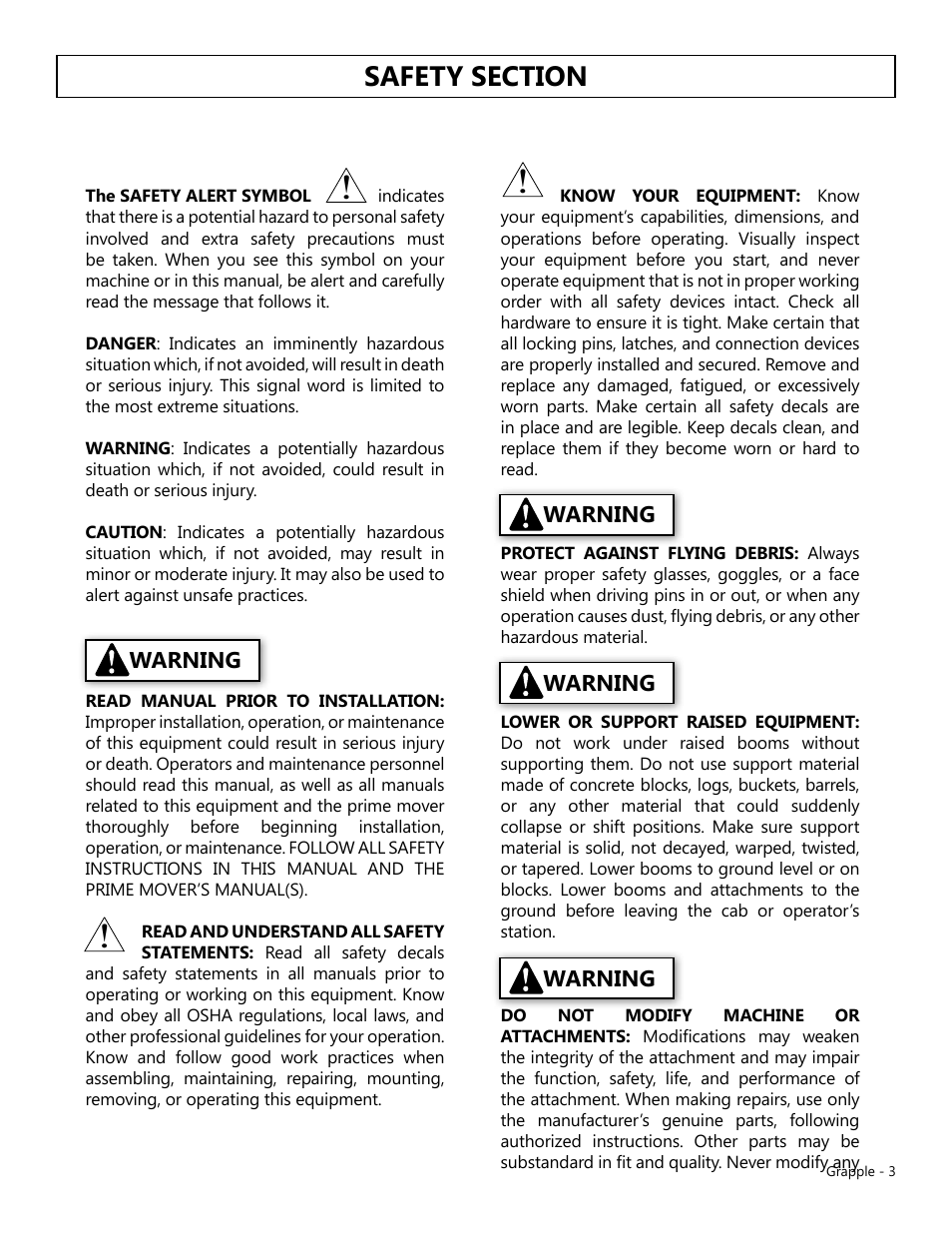 Warning | Modern AG Grapple User Manual | Page 3 / 20