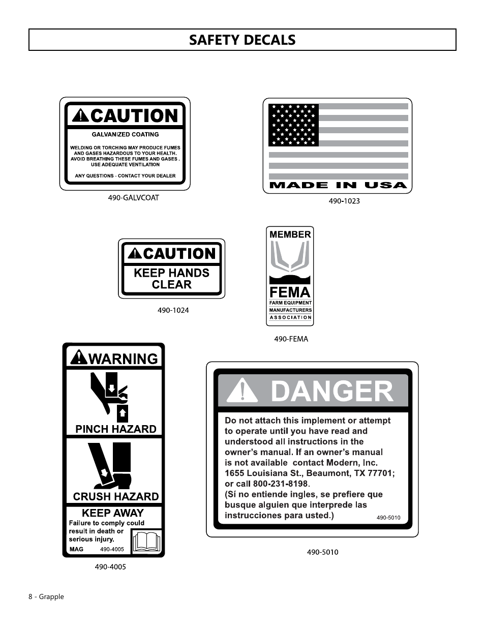 Safety decals | Modern AG Grapple User Manual | Page 8 / 20