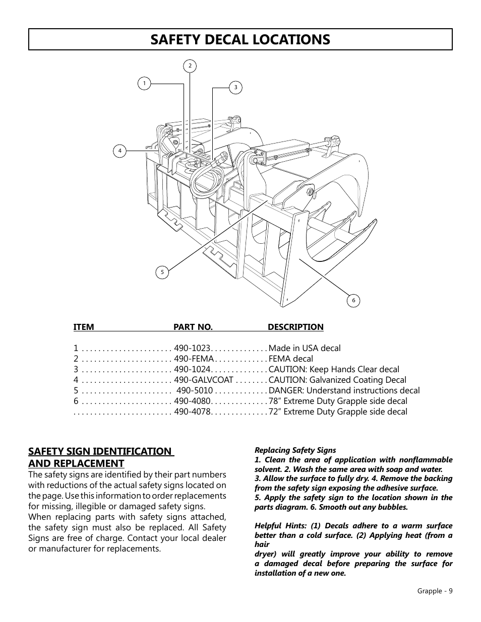 Safety decal locations, Safety sign identification and replacement | Modern AG Grapple User Manual | Page 9 / 20