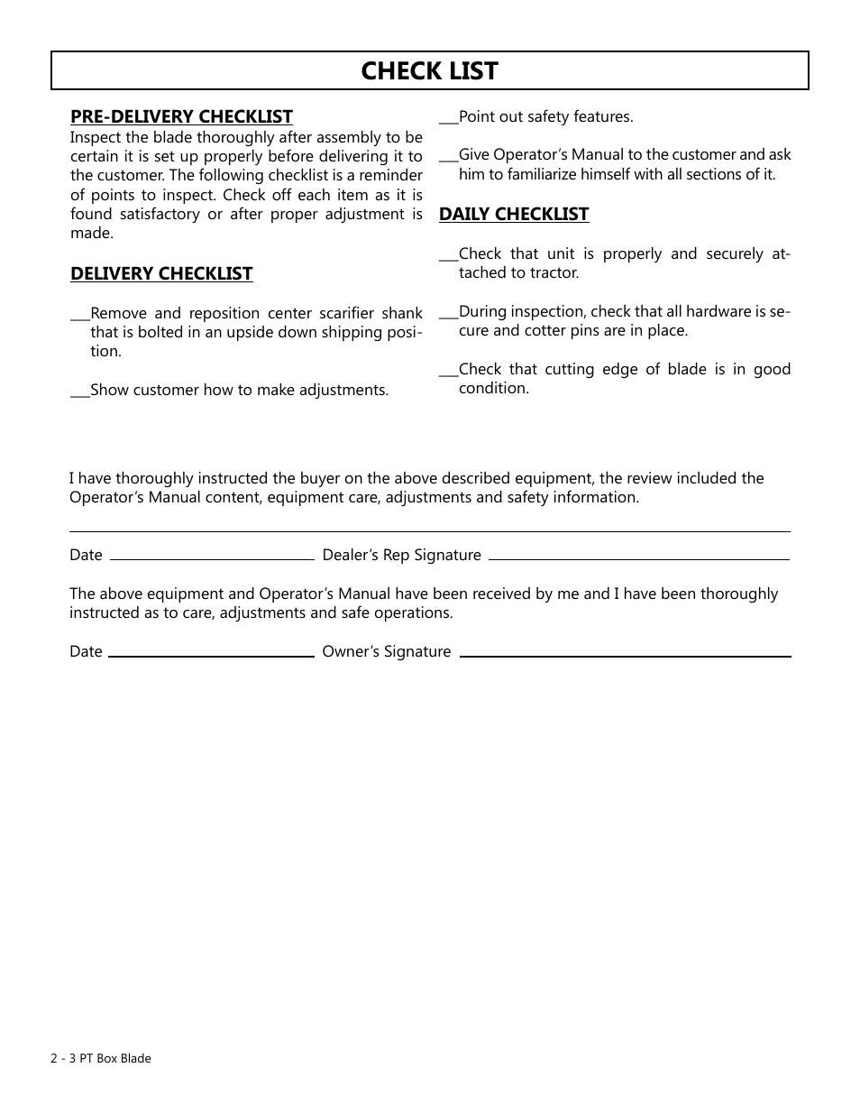 Check list | Modern AG Competitor Box Scraper User Manual | Page 2 / 10