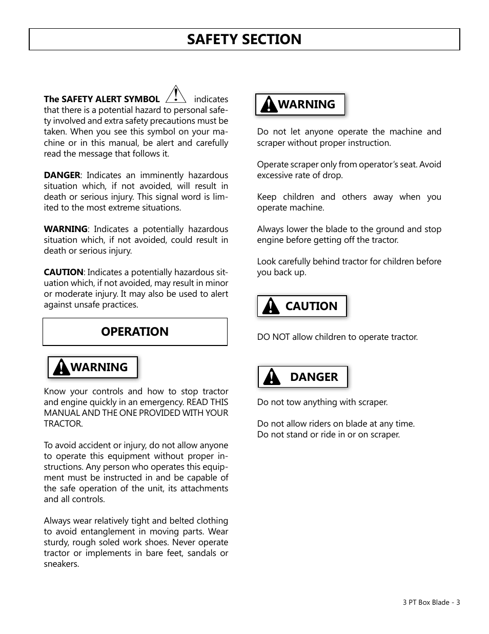 Operation, Warning, Warning caution | Danger | Modern AG Competitor Box Scraper User Manual | Page 3 / 10
