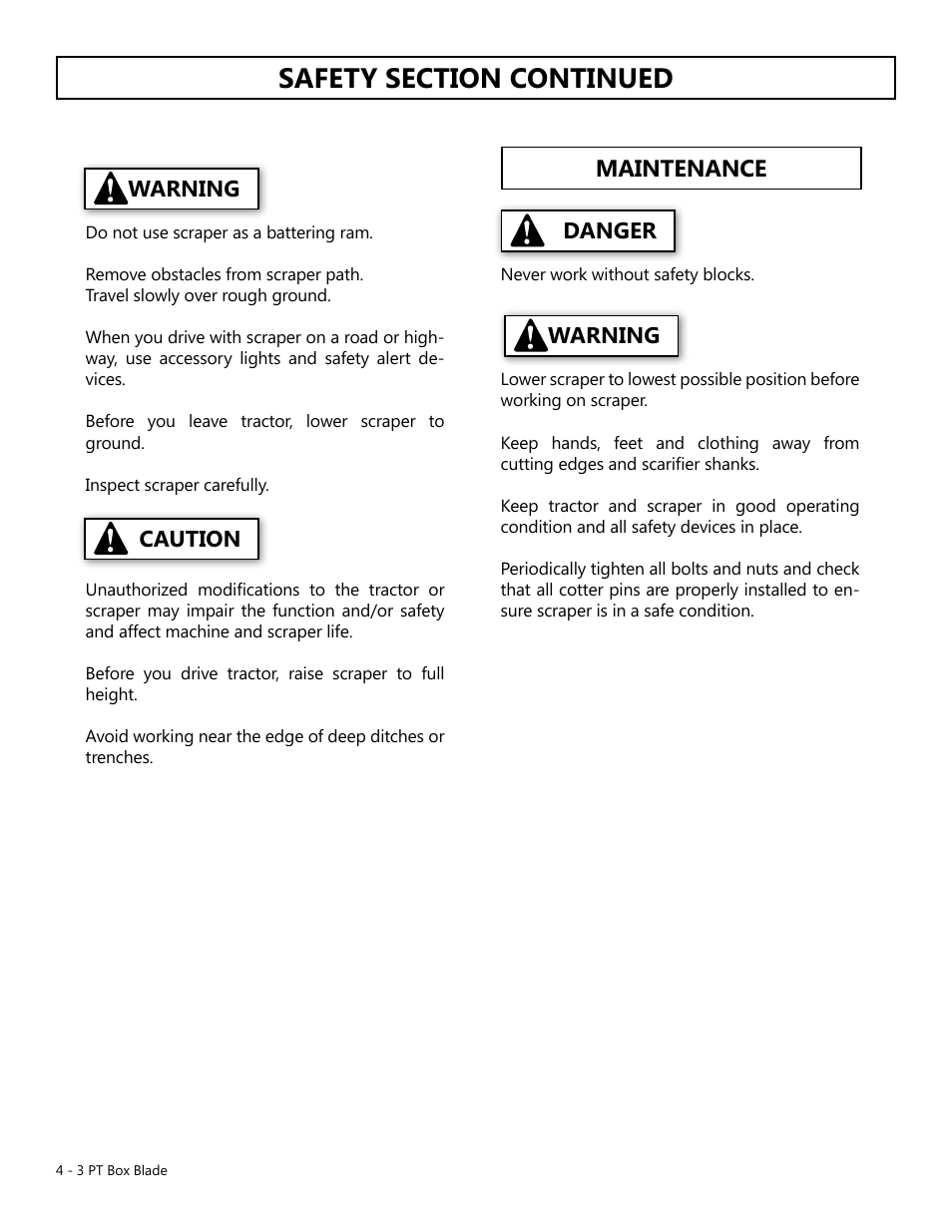 Maintenance, Danger warning warning caution | Modern AG Competitor Box Scraper User Manual | Page 4 / 10