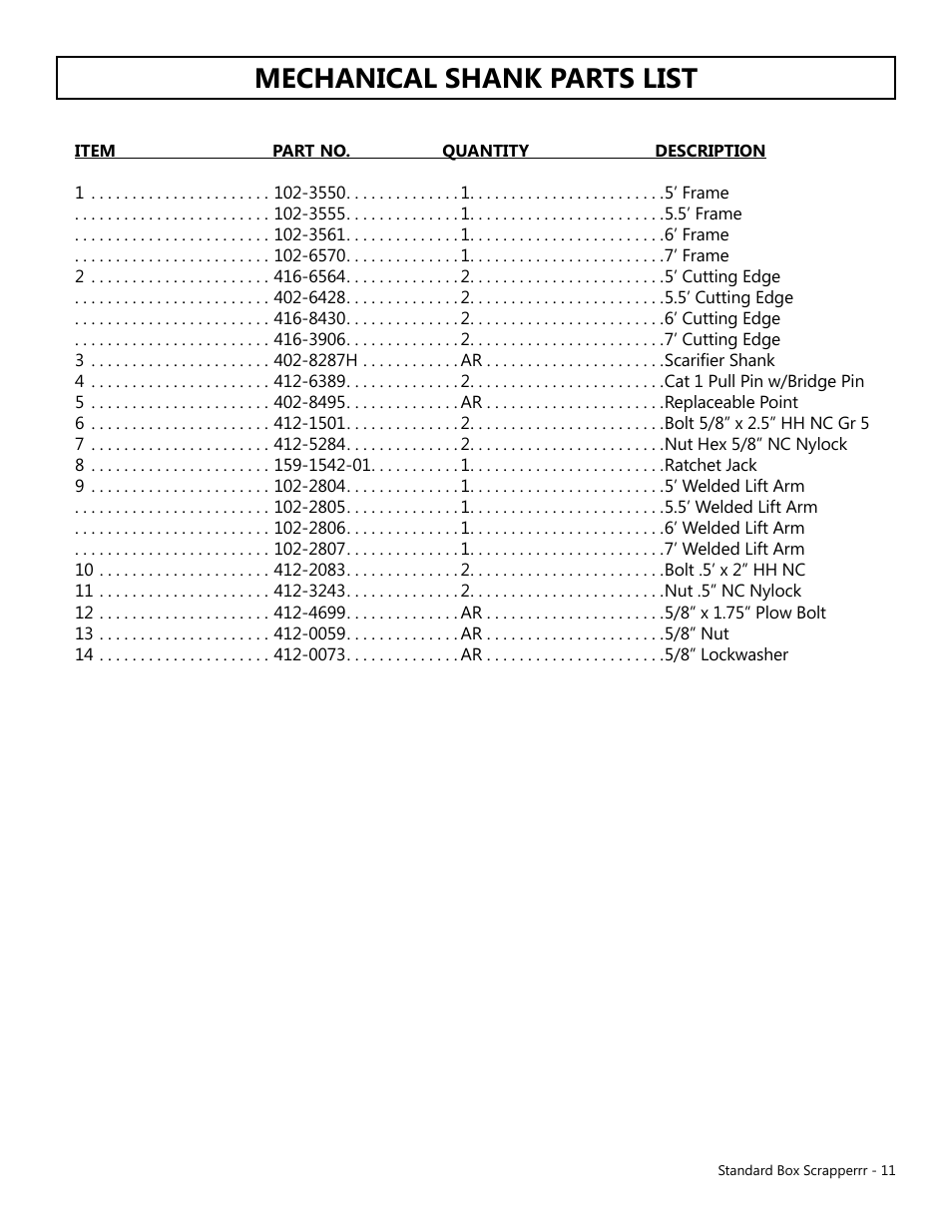 Mechanical shank parts list | Modern AG Standard Box Scraper User Manual | Page 11 / 13