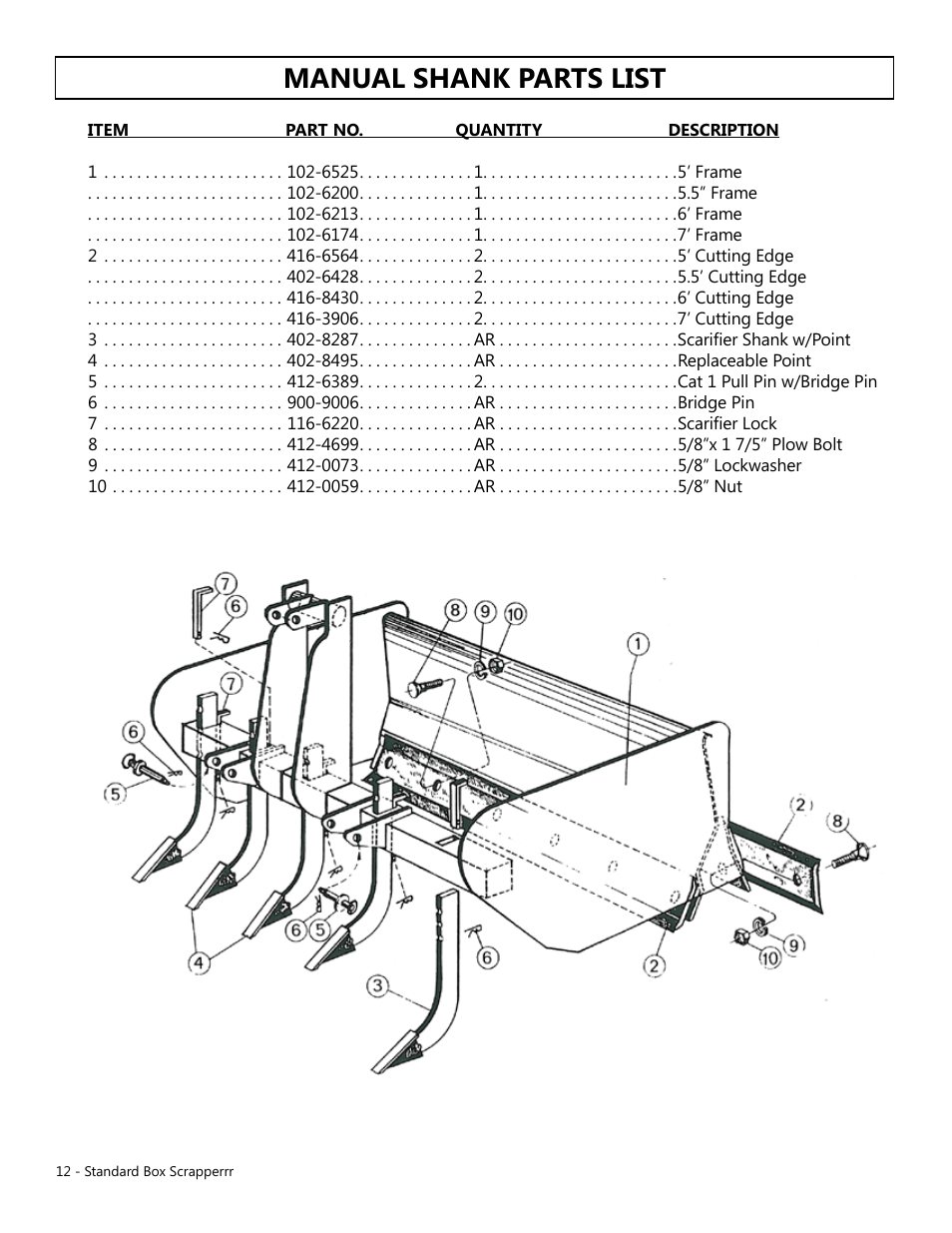 Manual shank parts list | Modern AG Standard Box Scraper User Manual | Page 12 / 13