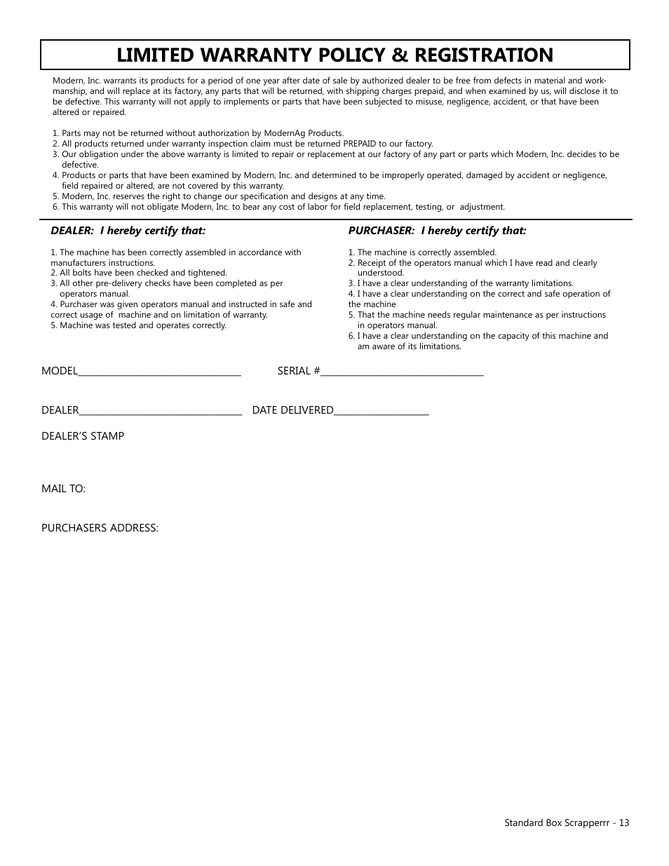 Limited warranty policy & registration | Modern AG Standard Box Scraper User Manual | Page 13 / 13