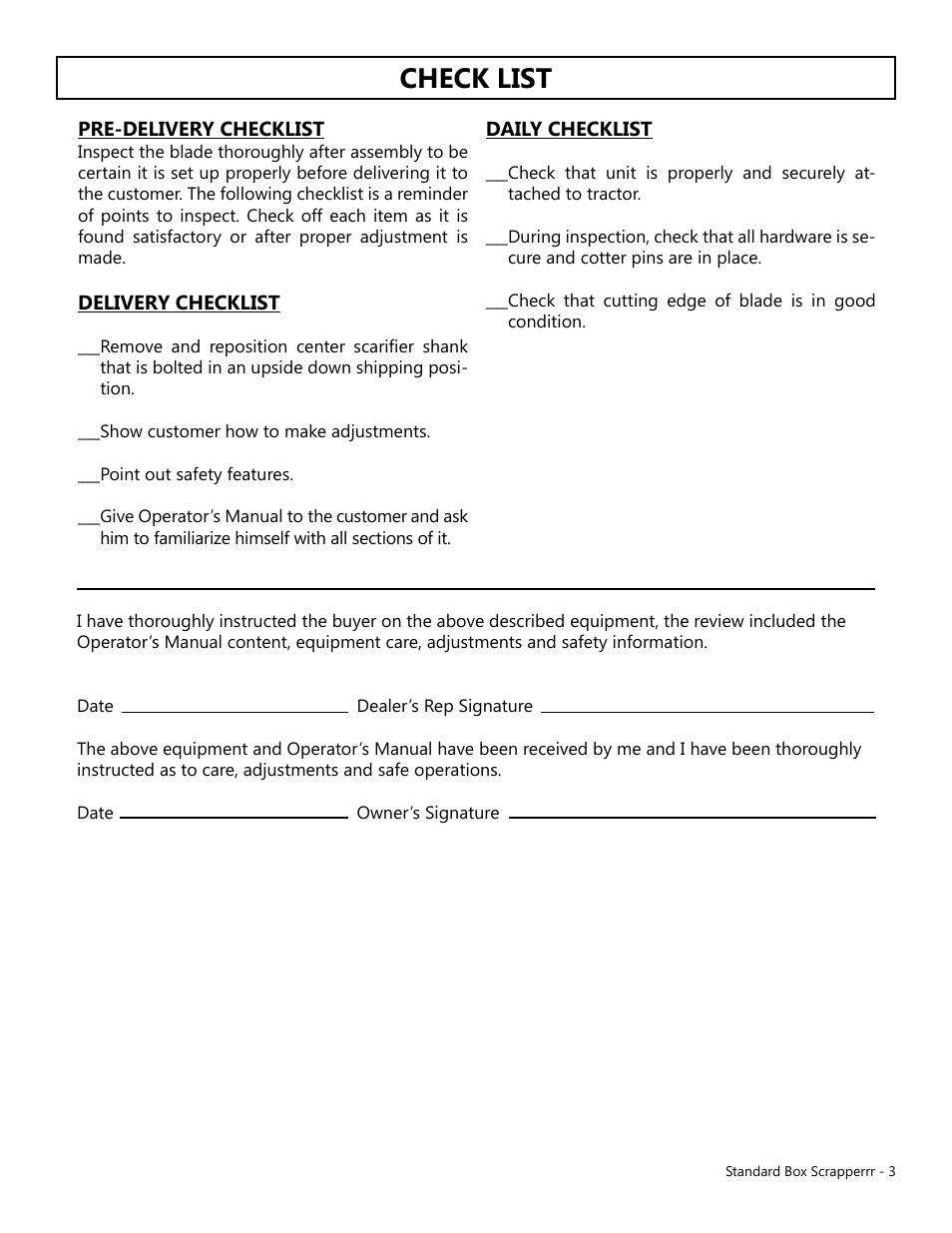 Check list | Modern AG Standard Box Scraper User Manual | Page 3 / 13