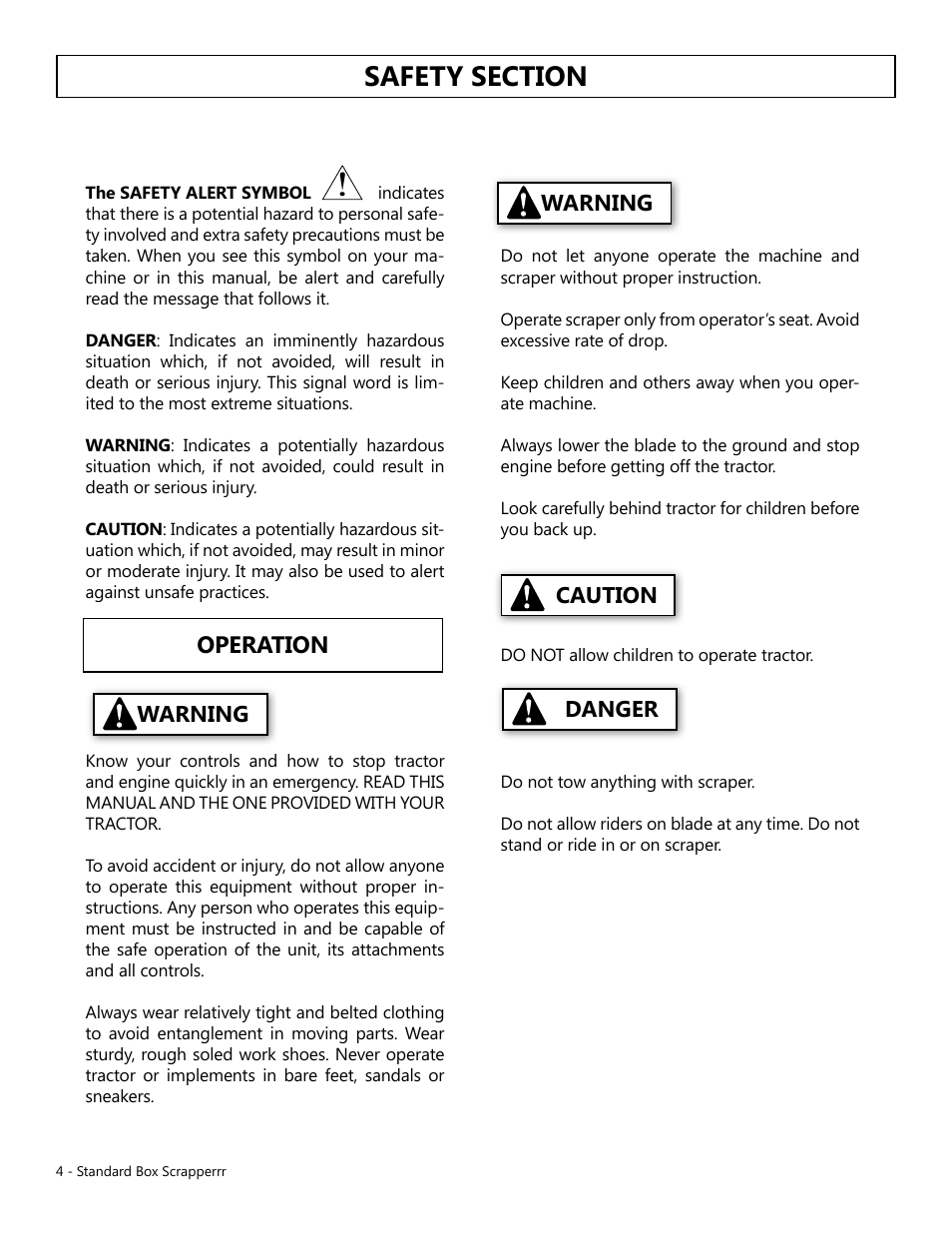 Operation, Warning, Warning caution | Danger | Modern AG Standard Box Scraper User Manual | Page 4 / 13