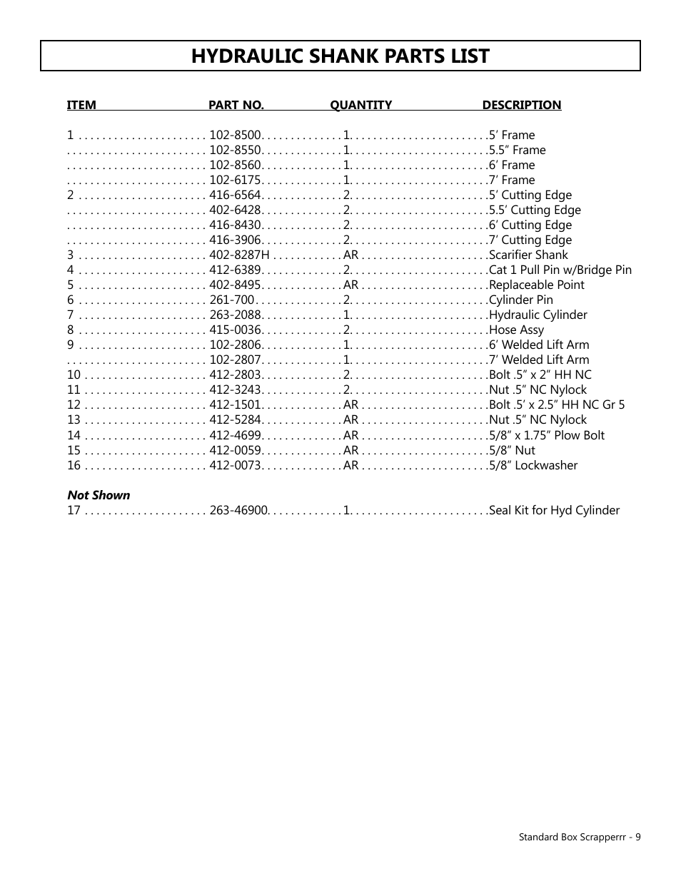 Hydraulic shank parts list | Modern AG Standard Box Scraper User Manual | Page 9 / 13