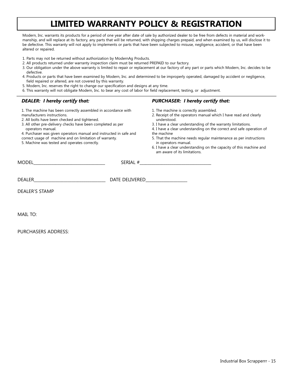 Limited warranty policy & registration | Modern AG Industrial Box Scraper User Manual | Page 15 / 15