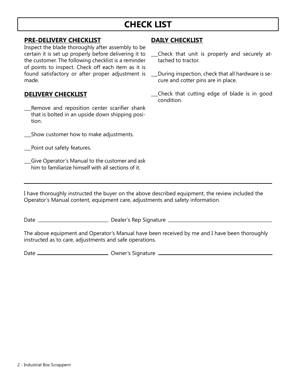 Check list | Modern AG Industrial Box Scraper User Manual | Page 2 / 15