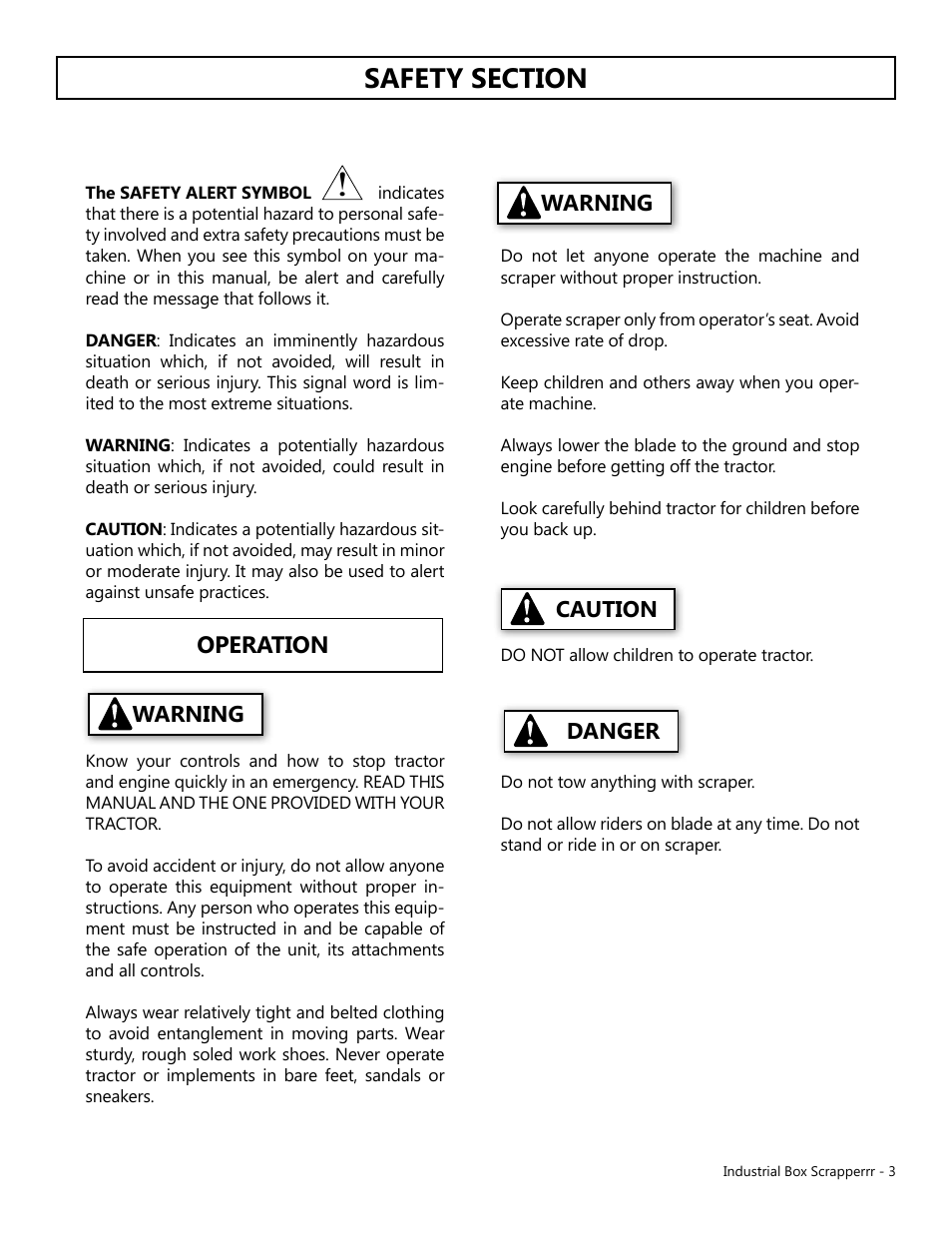 Operation, Warning, Warning caution | Danger | Modern AG Industrial Box Scraper User Manual | Page 3 / 15