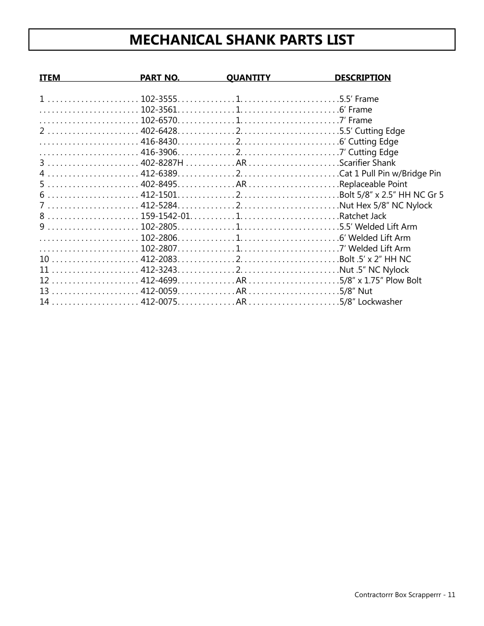 Mechanical shank parts list | Modern AG Contractor Box Scraper User Manual | Page 11 / 15