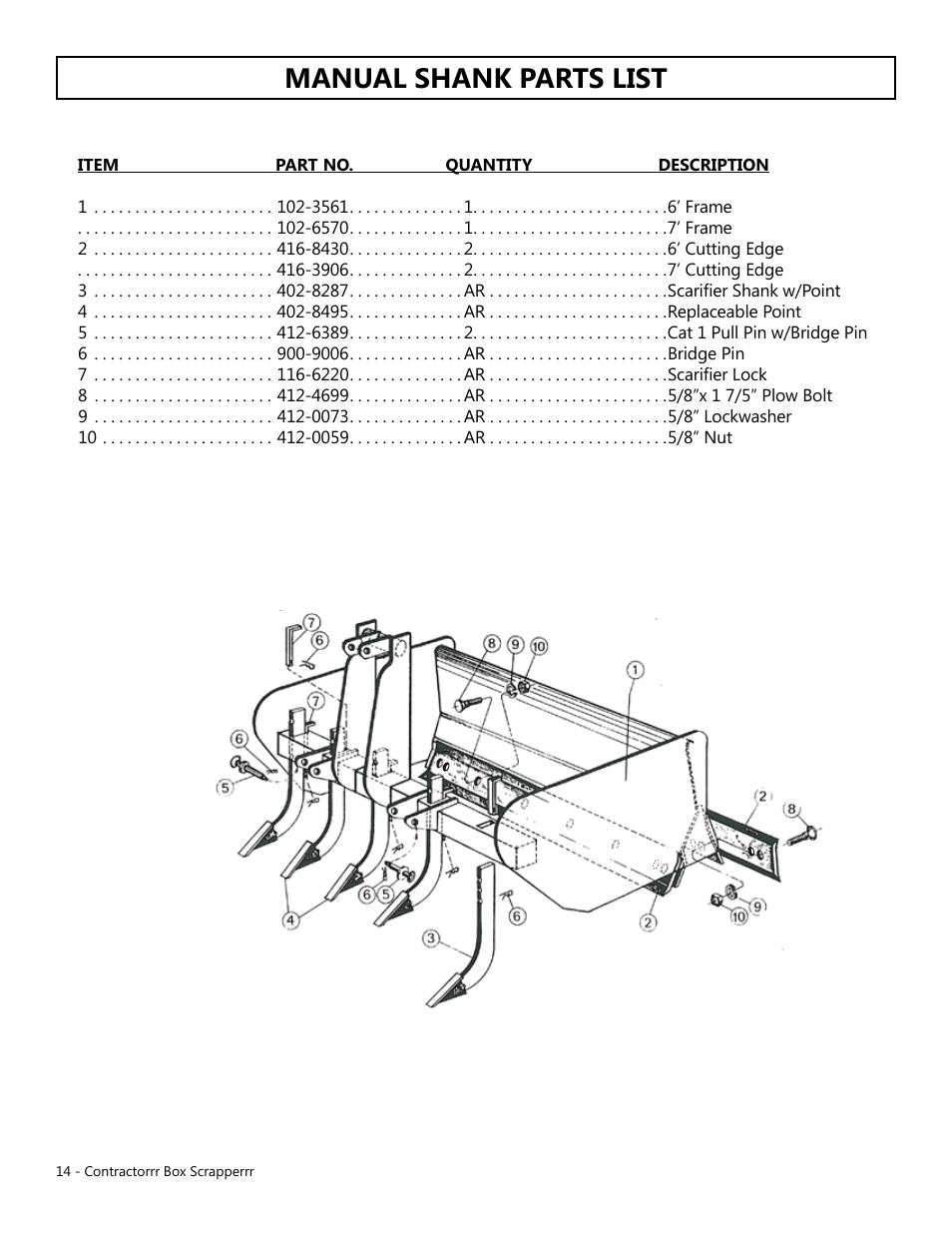 Manual shank parts list | Modern AG Contractor Box Scraper User Manual | Page 14 / 15