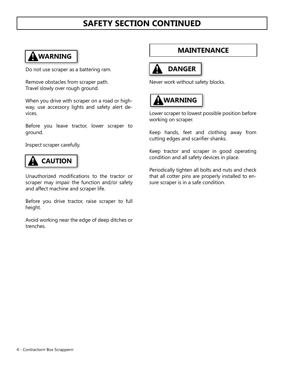 Maintenance, Danger warning warning caution | Modern AG Contractor Box Scraper User Manual | Page 4 / 15