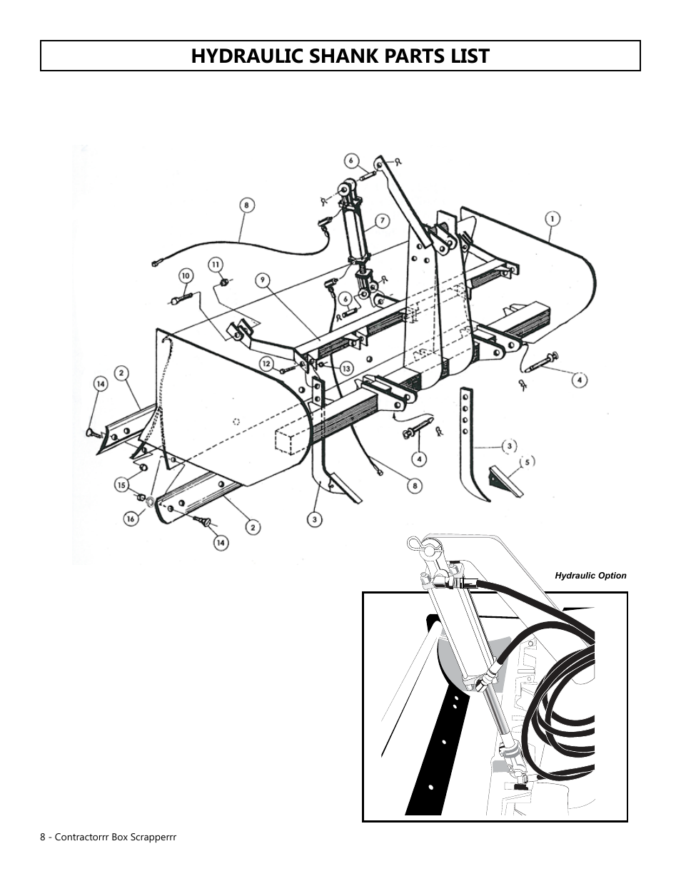 Hydraulic shank parts list | Modern AG Contractor Box Scraper User Manual | Page 8 / 15