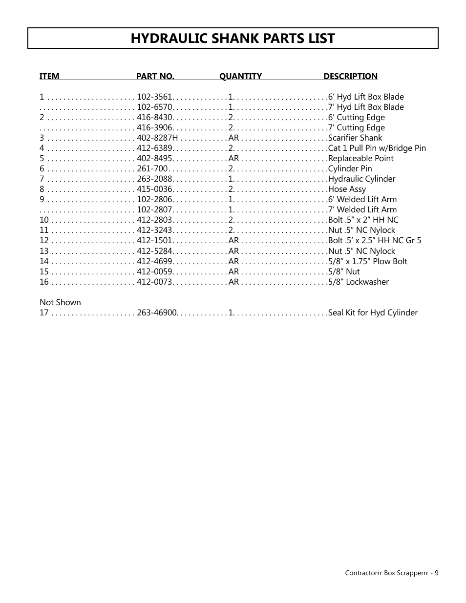 Hydraulic shank parts list | Modern AG Contractor Box Scraper User Manual | Page 9 / 15