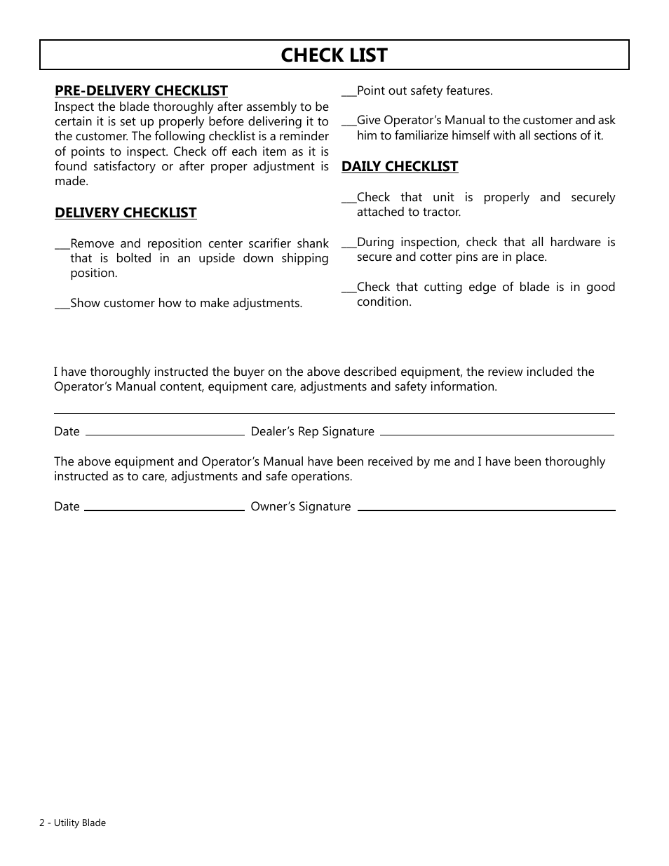 Check list | Modern AG Utility Blade User Manual | Page 2 / 7