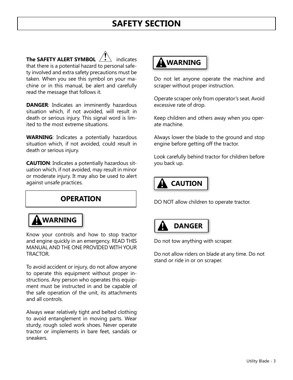 Operation, Warning, Warning caution | Danger | Modern AG Utility Blade User Manual | Page 3 / 7