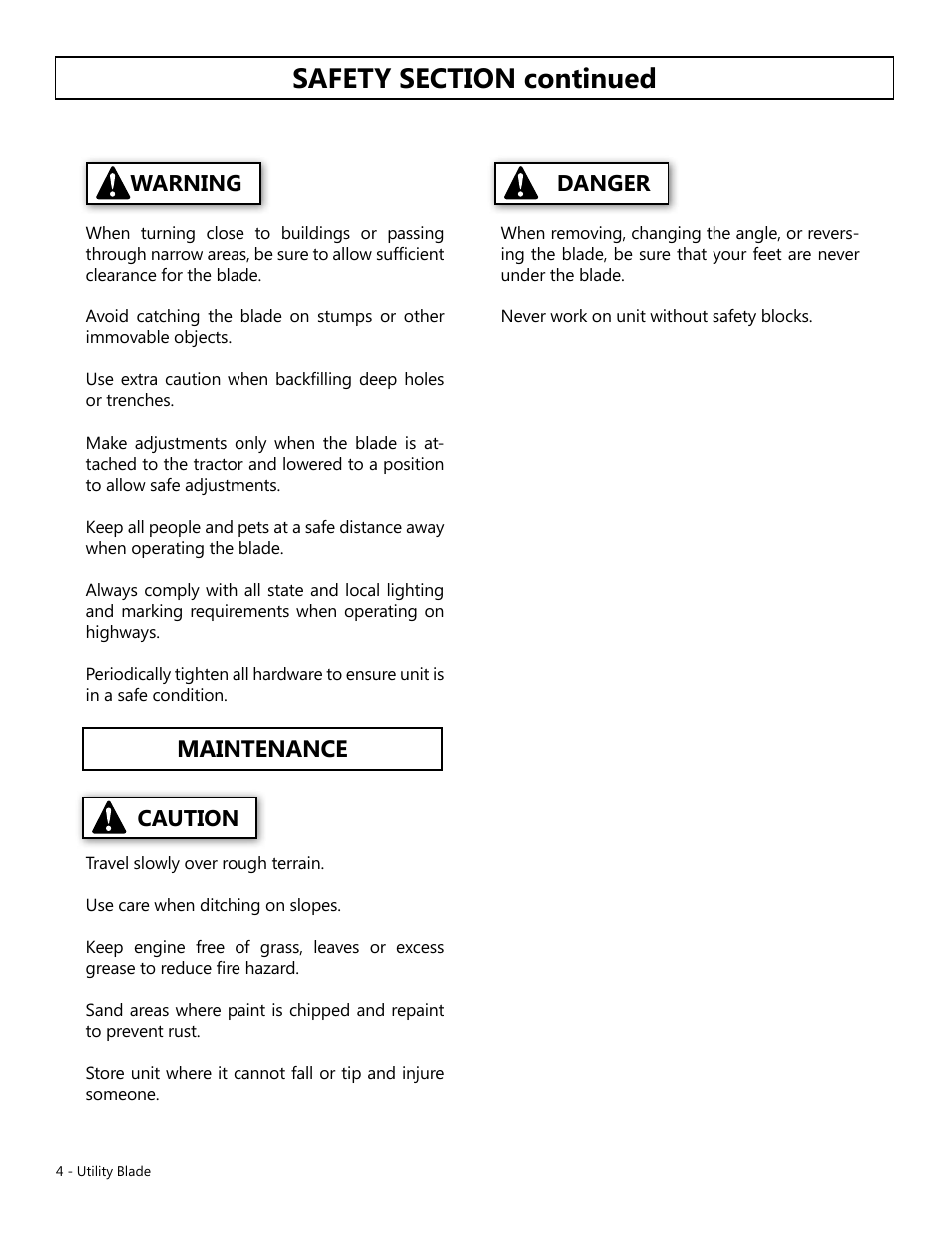 Maintenance, Warning caution danger | Modern AG Utility Blade User Manual | Page 4 / 7