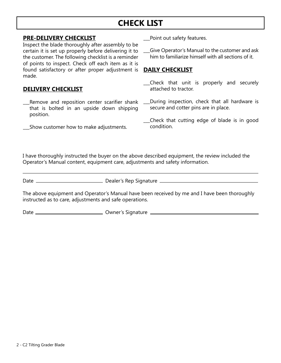 Check list | Modern AG Tilting Grader Blade User Manual | Page 2 / 8
