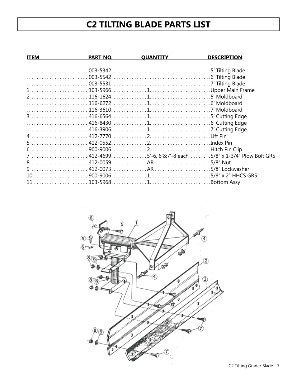 C2 tilting blade parts list | Modern AG Tilting Grader Blade User Manual | Page 7 / 8