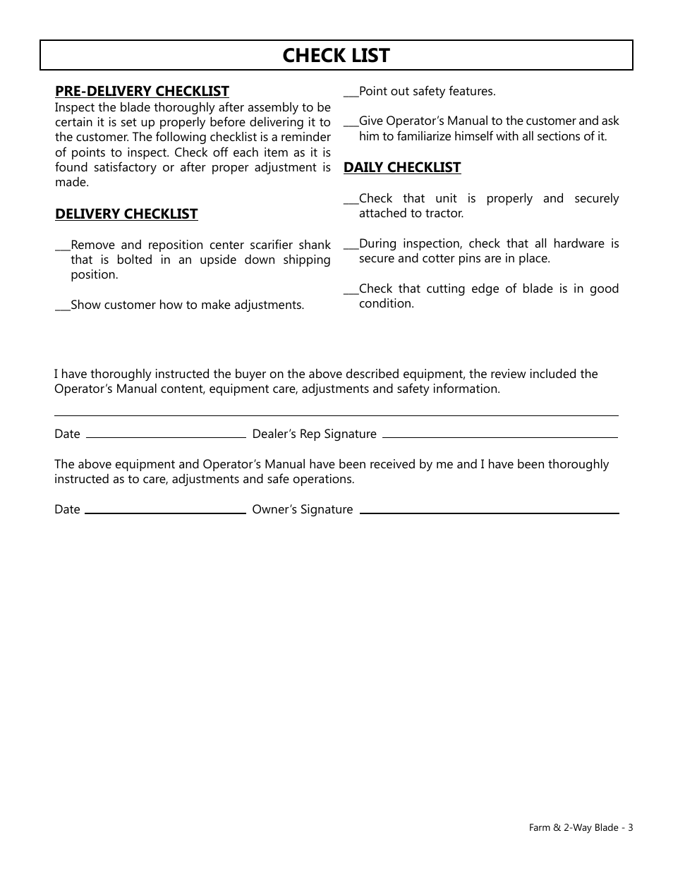 Check list | Modern AG Farm Blade User Manual | Page 3 / 12