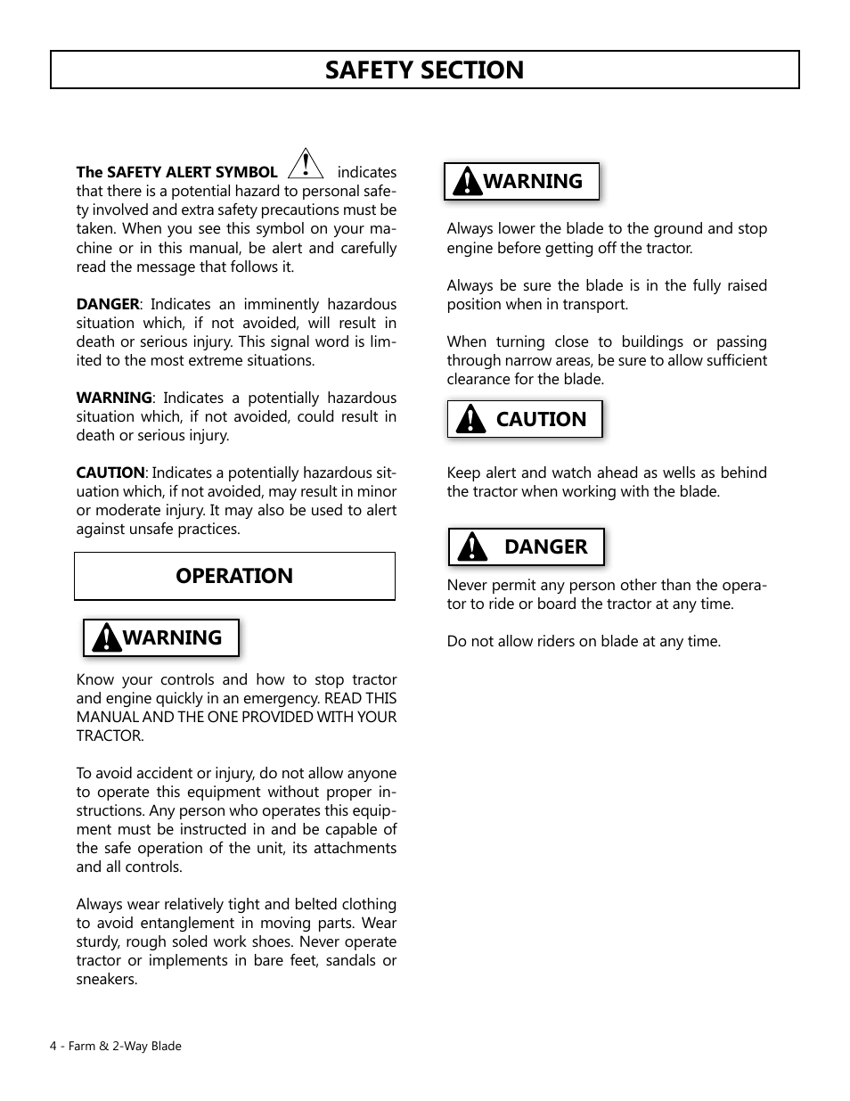 Operation, Warning, Warning caution danger | Modern AG Farm Blade User Manual | Page 4 / 12