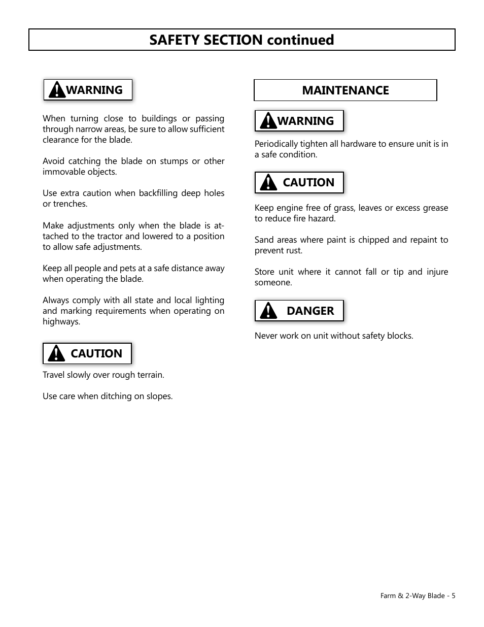 Maintenance, Warning, Warning caution caution danger | Modern AG Farm Blade User Manual | Page 5 / 12