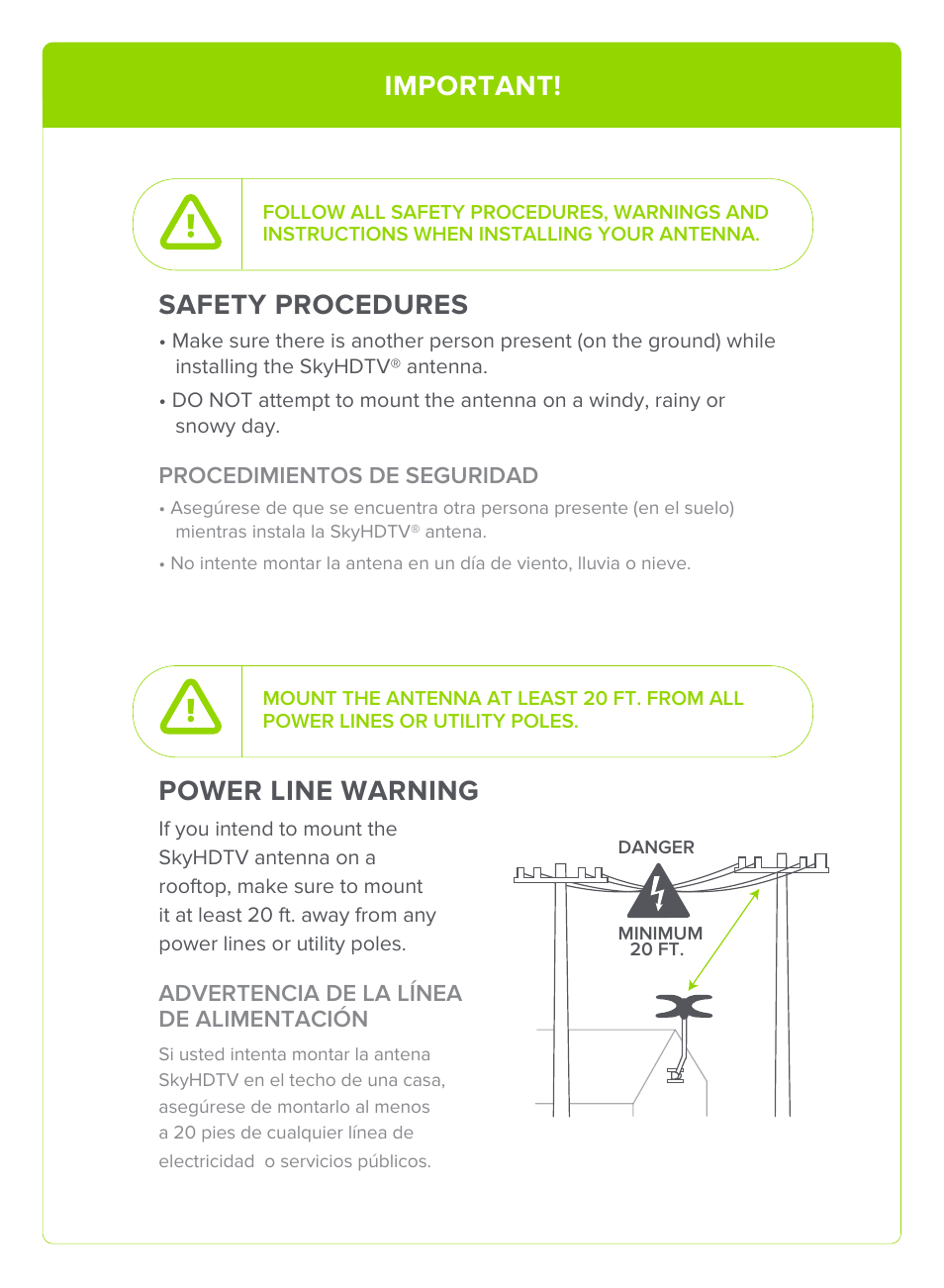 Safety procedures, Power line warning, Important | Mohu Sky 60 HDTV Attic / Outdoor Antenna User Manual | Page 3 / 12