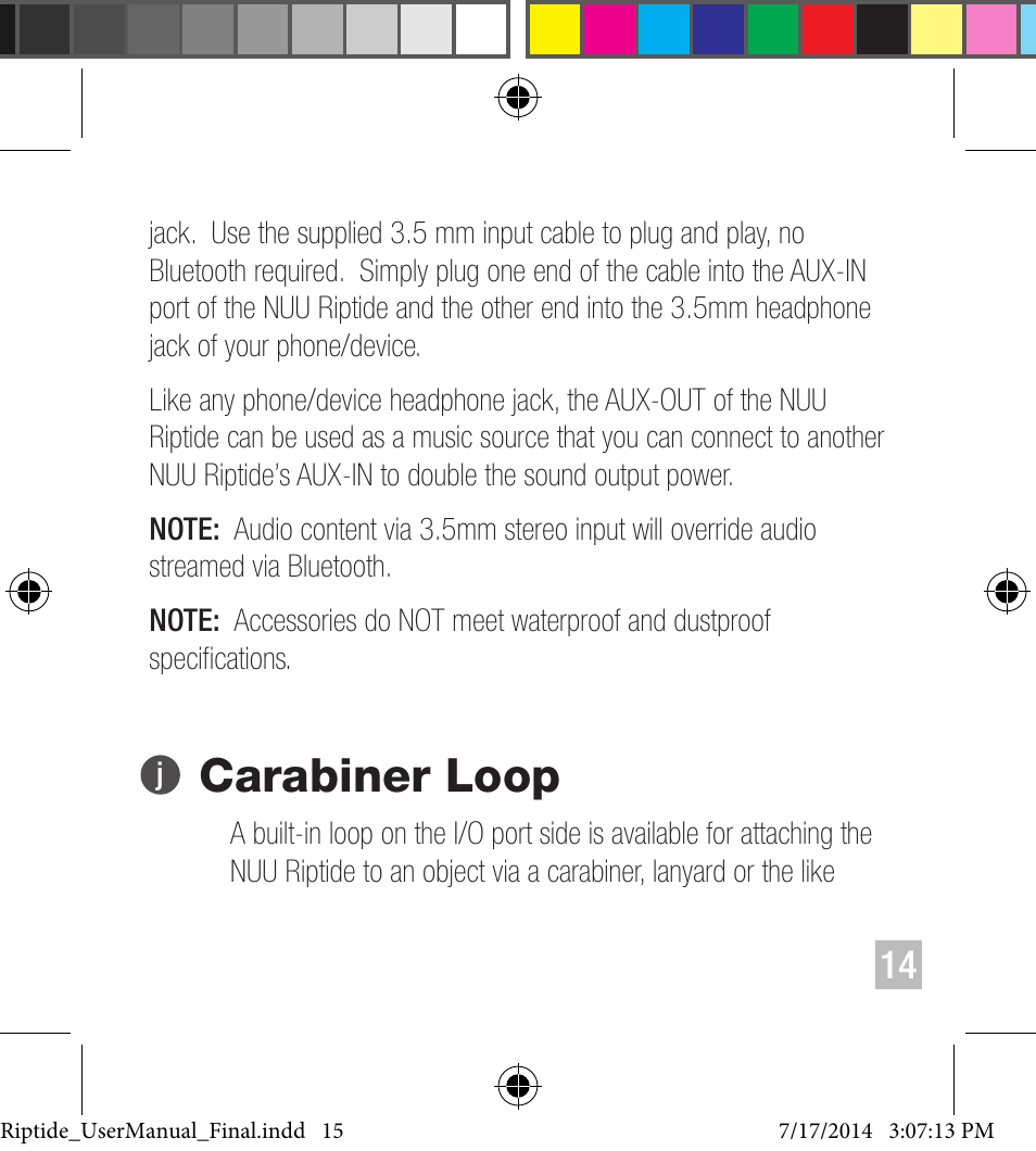 Aux-in & aux-out carabiner loop | NUU Riptide User Manual | Page 15 / 32