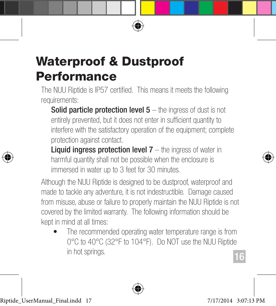 Waterproof & dustproof performance | NUU Riptide User Manual | Page 17 / 32