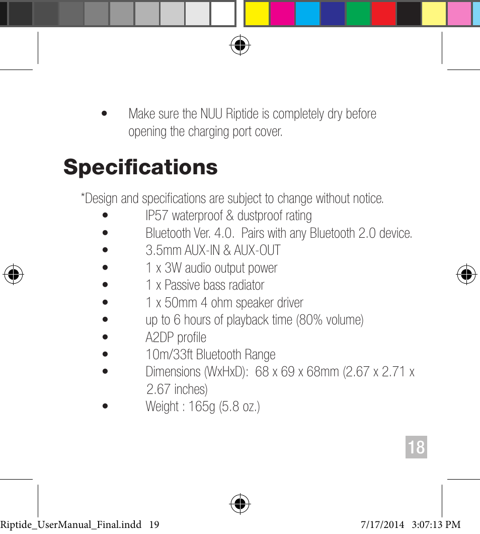 Specifications | NUU Riptide User Manual | Page 19 / 32