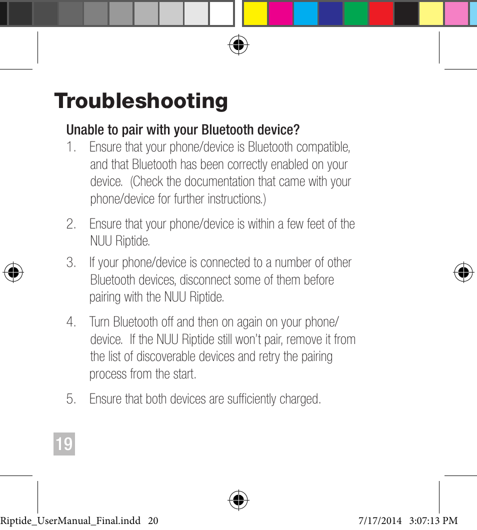 Troubleshooting | NUU Riptide User Manual | Page 20 / 32
