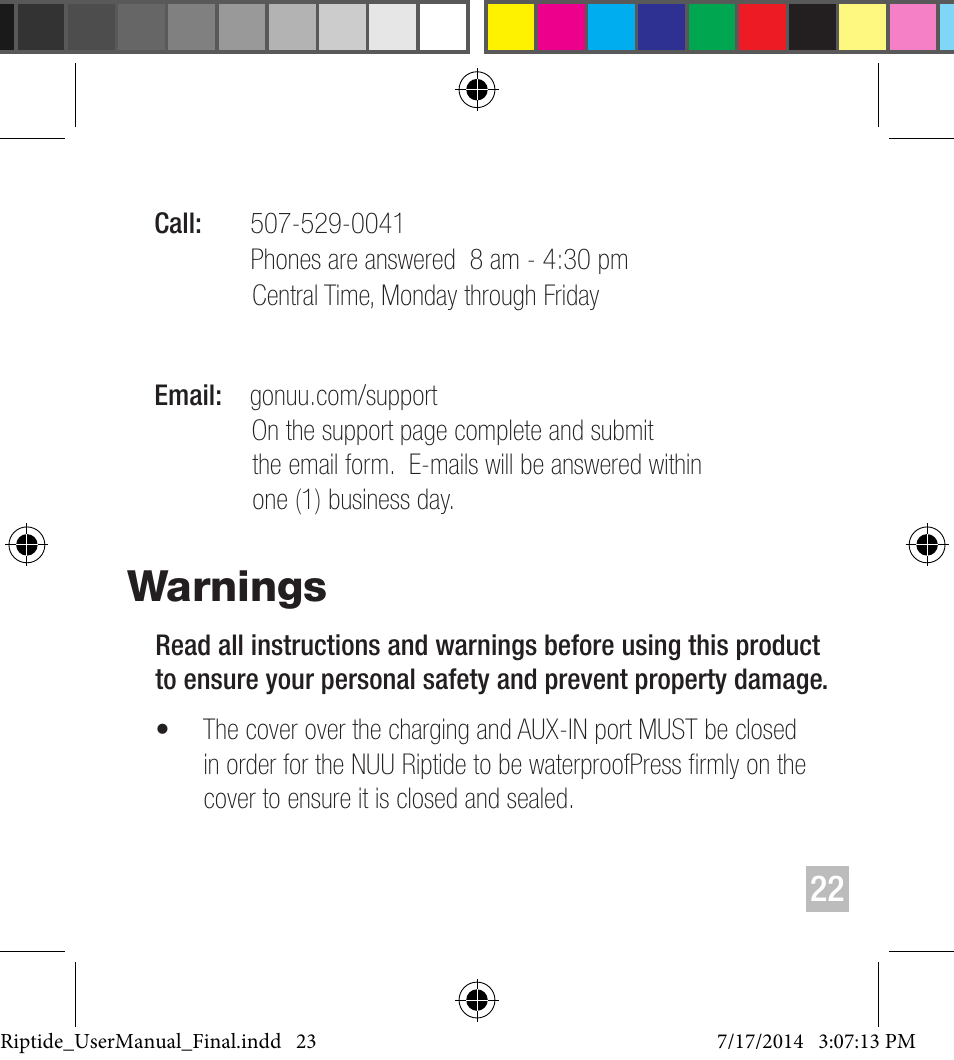 Warnings | NUU Riptide User Manual | Page 23 / 32