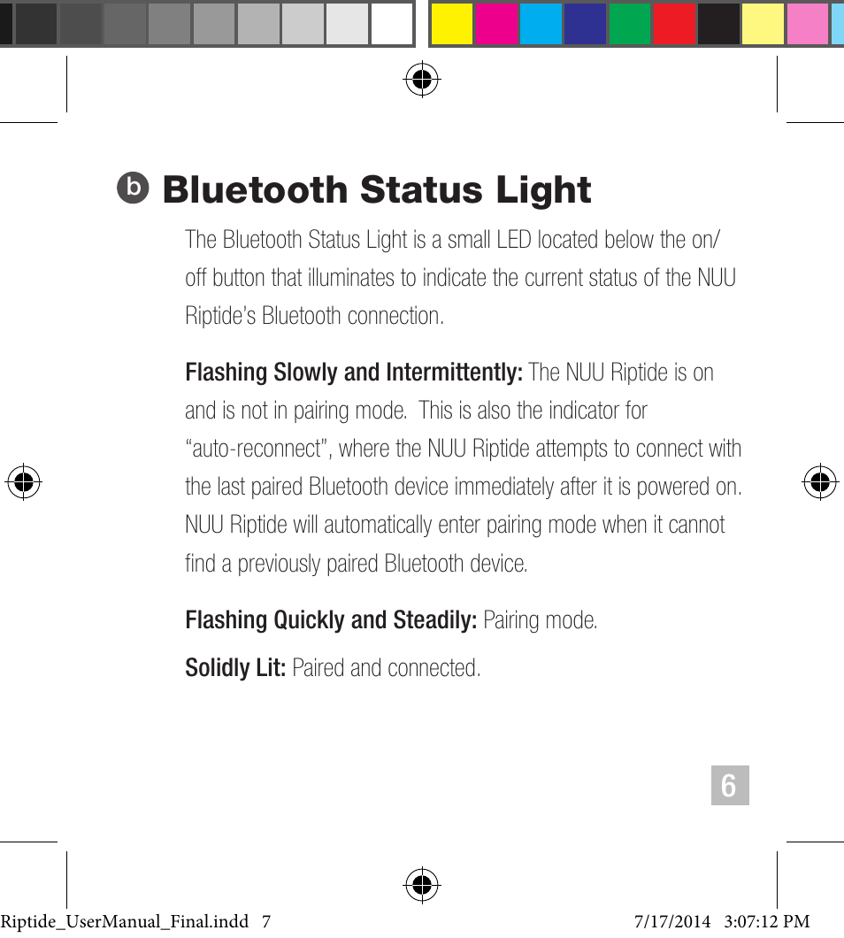 Bluetooth status light | NUU Riptide User Manual | Page 7 / 32