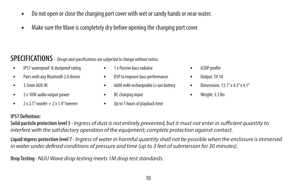 Specifications | NUU Wake User Manual | Page 10 / 18