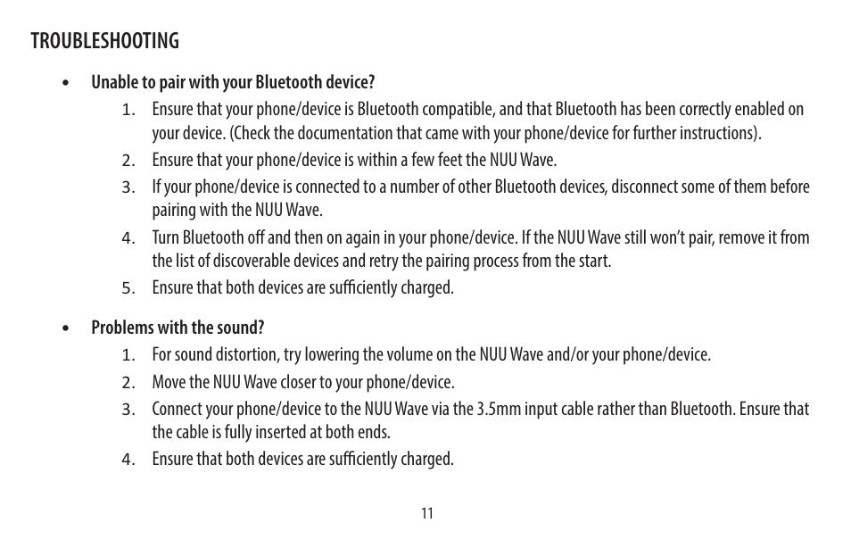 Troubleshooting | NUU Wake User Manual | Page 11 / 18