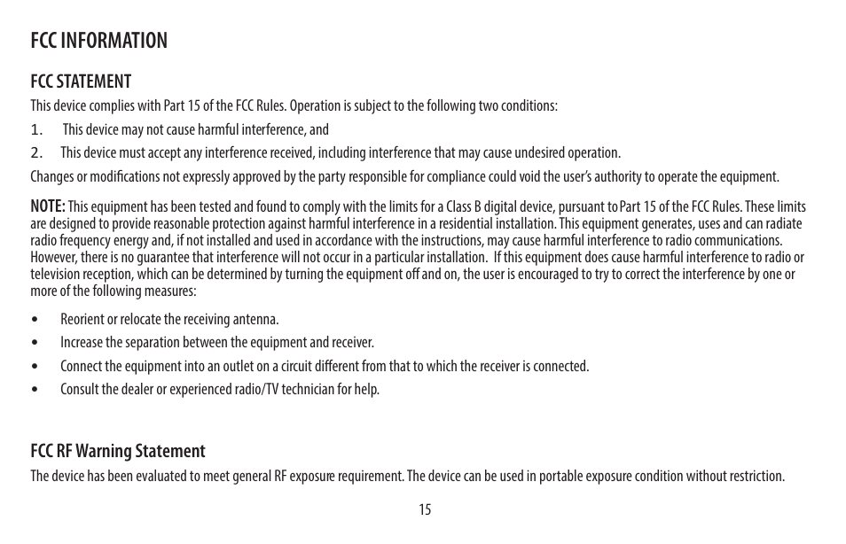Fcc information | NUU Wake User Manual | Page 15 / 18