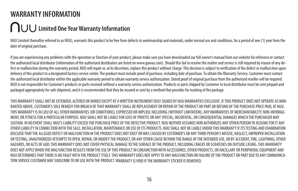 Warranty information, Limited one year warranty information | NUU Wake User Manual | Page 16 / 18