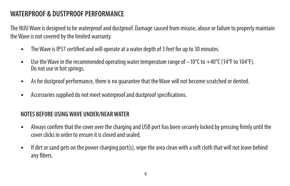 Waterproof & dustproof performance | NUU Wake User Manual | Page 9 / 18