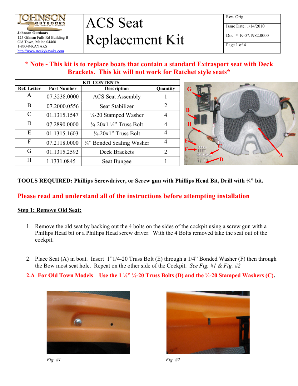 Old Town ACS Seat Replacement Kit User Manual | 3 pages