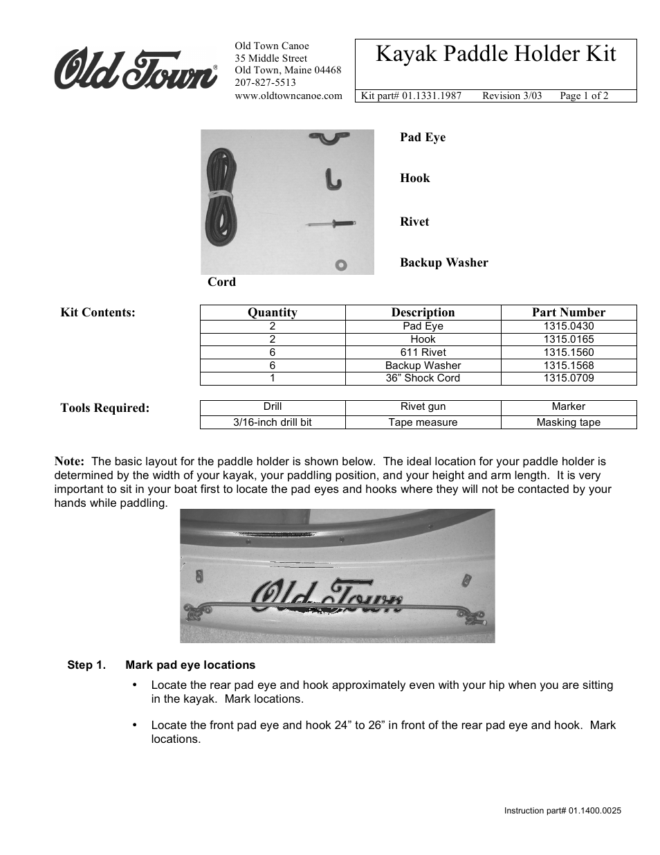 Old Town Kayak Paddle Holder User Manual | 2 pages