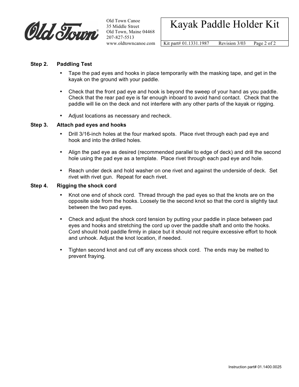 Kayak paddle holder kit | Old Town Kayak Paddle Holder User Manual | Page 2 / 2