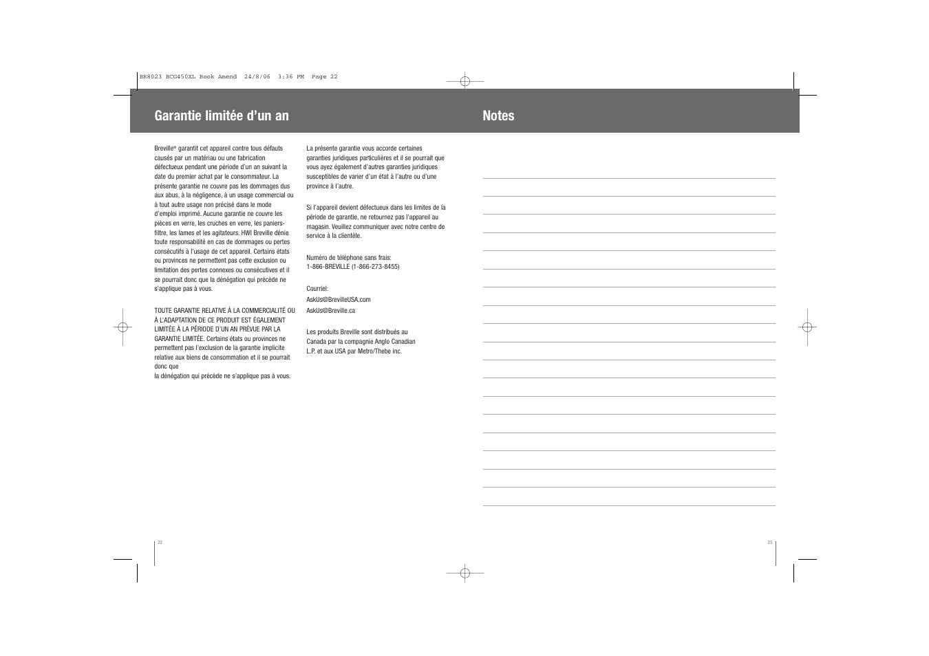 Garantie limitée d’un an | Breville BCG450XL User Manual | Page 12 / 18