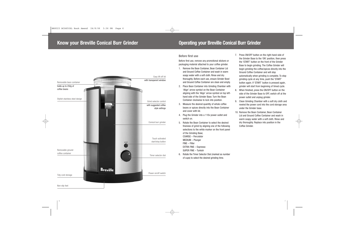 Operating your breville conical burr grinder, Know your breville conical burr grinder | Breville BCG450XL User Manual | Page 4 / 18