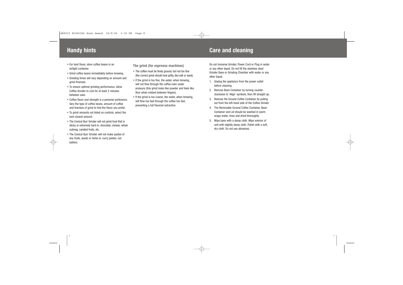 Care and cleaning, Handy hints | Breville BCG450XL User Manual | Page 5 / 18