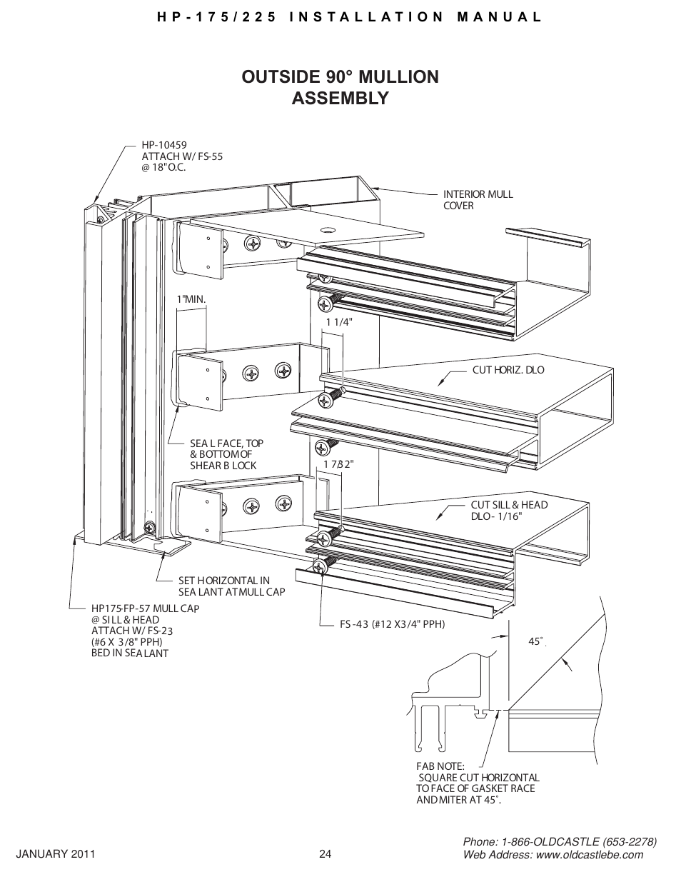 Hp-175-225 24, Outside 90° mullion assembly | Oldcastle BuildingEnvelope HP-175 User Manual | Page 24 / 33