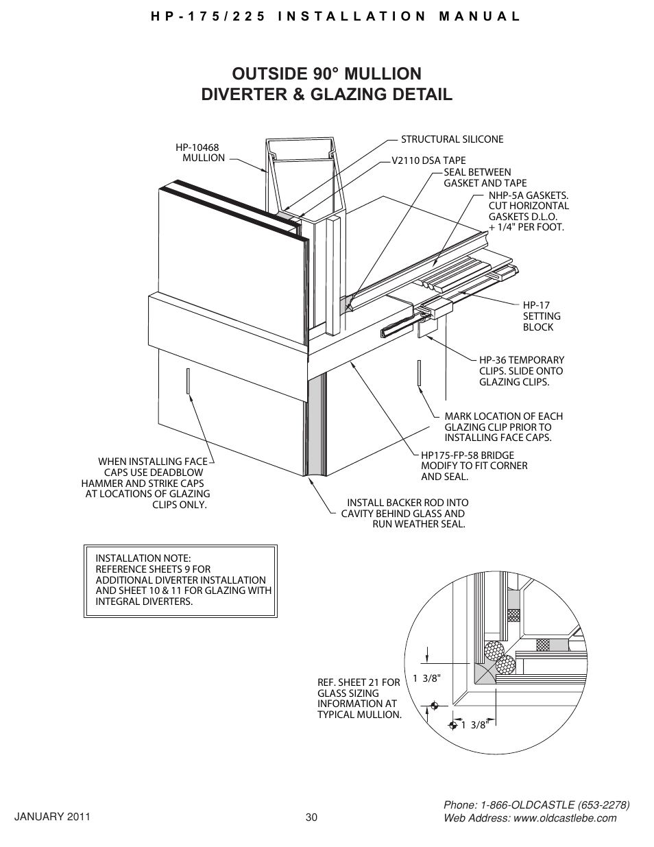 Hp-175-225 30, Outside 90° mullion diverter & glazing detail | Oldcastle BuildingEnvelope HP-175 User Manual | Page 30 / 33